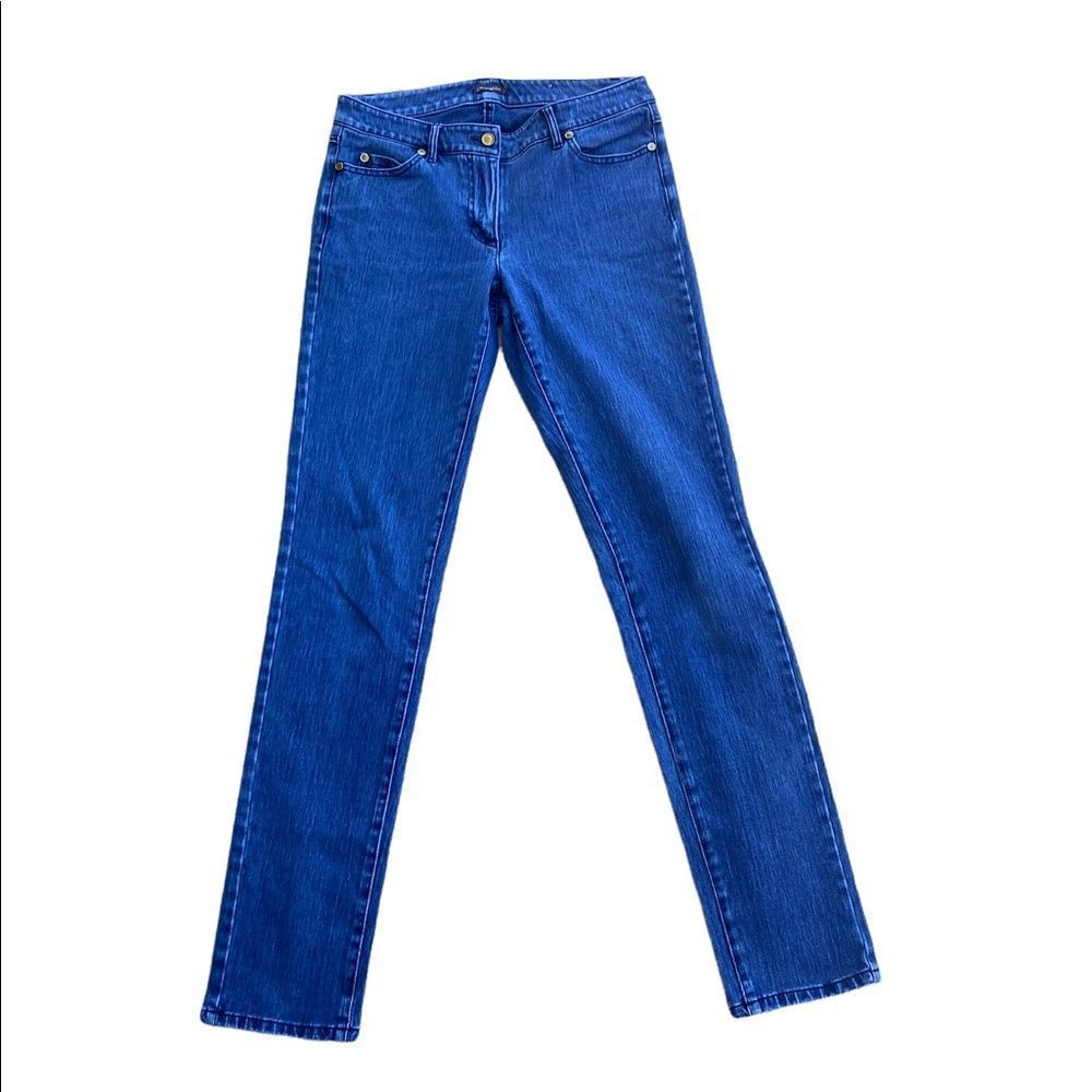 J. Mclaughlin Wm’s Sz 2 Medium Blue Flat Front Button Straight Leg Denim Jeans